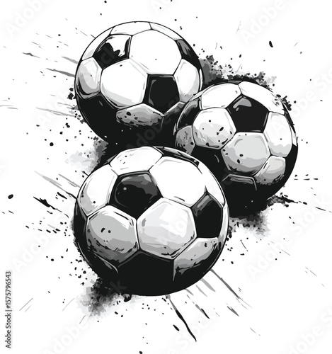 Three Soccer Balls with Splatter Effect in Black and White Illustration