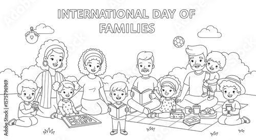 Happy diverse family enjoying a picnic and playing games isolated on transparent background