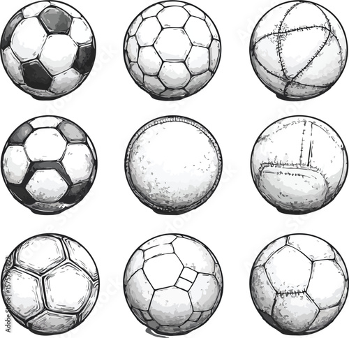 Collection of Hand Drawn Sports Balls including Soccer Volleyball and other Balls