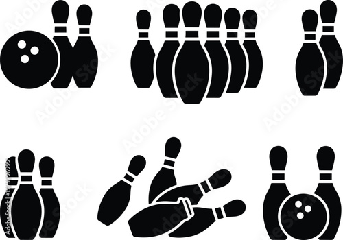 Bowling pins and ball icons, flat vector silhouette illustrations, sports design elements, strike symbols, indoor game graphics, bowling equipment set, black shapes