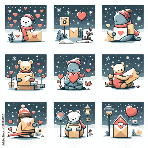 image of receiving a love letter while it's snowing with a simple and minimalist flat design using a white background