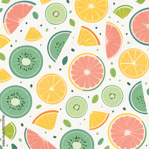 Stylized sliced fruits like watermelon, kiwi, and citrus in flat pastel tones arranged in playful, asymmetric pattern on a light background