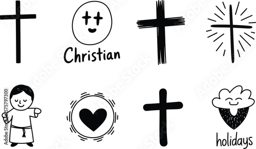 A collection of christian themed doodles including crosses, a person, and a heart illustration