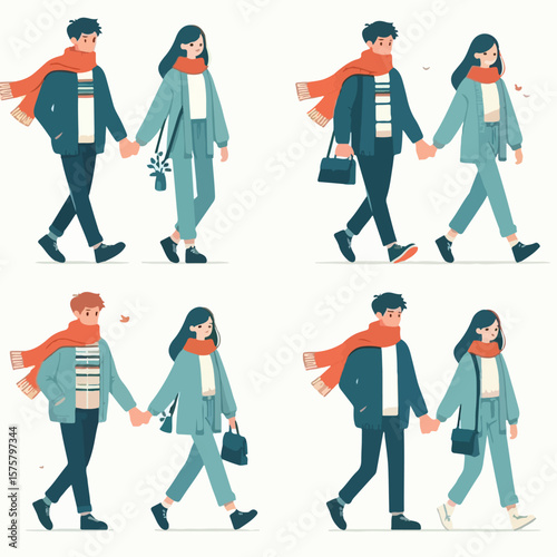 image of a couple walking together with the same scarf with a simple and minimalist flat design using a white background