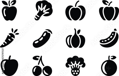 A collection of black and white vector icons featuring various fruits and vegetables in a grid layout