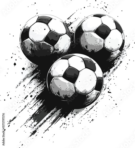 Three soccer balls with dynamic splash effect in black and white design