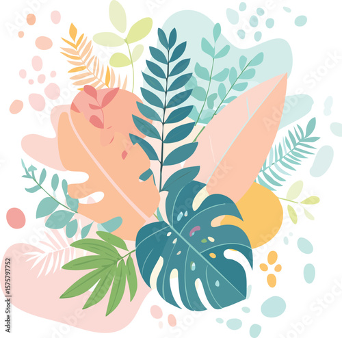 Stylized tropical foliage mixed with abstract blob shapes, pastel summer palette