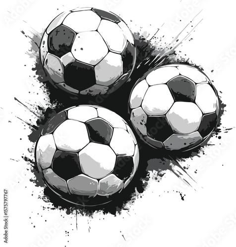 Three Soccer Balls with Splatter Effect Black and White Illustration