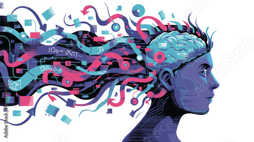 Illustrated Profile of a Person with Complex Information Streams Flowing Through the Brain