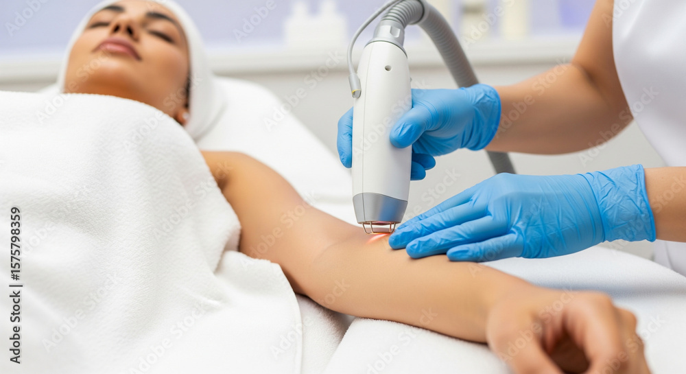 Obraz premium A woman is having laser machine hair removal on her arms at a beauty center.