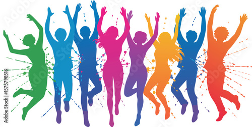 Silhouette Illustration of Joyful Multicolored People Jumping and Celebrating with Hands in the Air on White Background