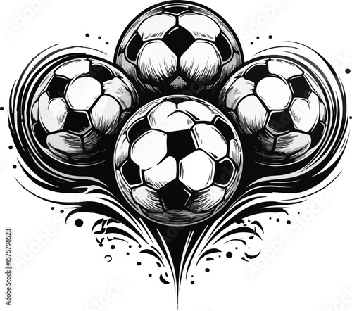 Four soccer balls with decorative swirls in black and white design