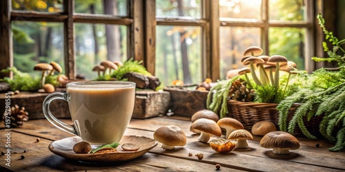 A warm autumnal beverage rests beside a collection of mushrooms on a rustic wooden table, bathed in the soft glow of sunlight streaming through a vintage window.