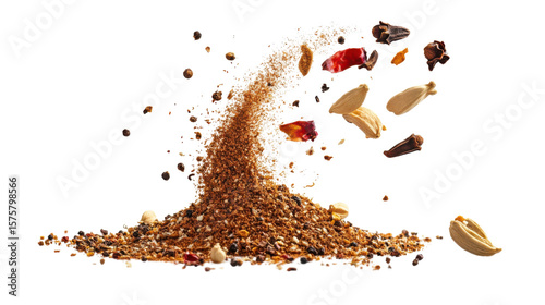 Garam masala ground flying minced spice blend on white background © Pixel