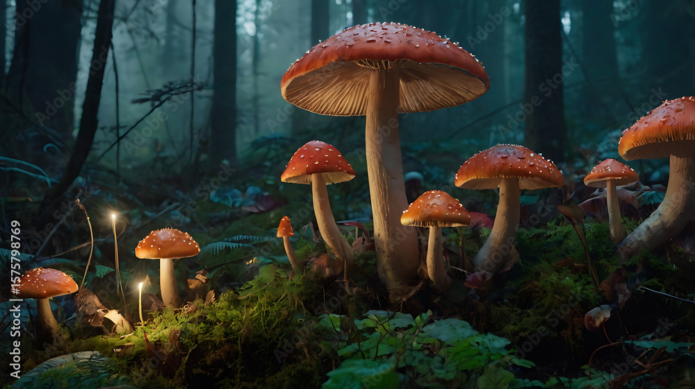 Fototapeta premium Fantasy mushroom garden with oversized mushrooms, glowing caps, and small woodland creatures around