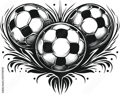 Three Soccer Balls with Decorative Flourishes in Black and White Style