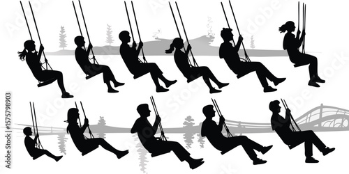 Silhouettes of Children and Adults on Swings Over Water with Bridge Backdrop