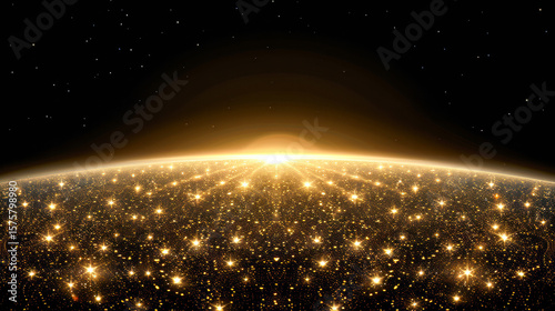 Cosmic landscape with golden stars and radiant sun rising over a dark universe horizon