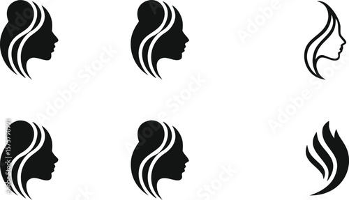Six Stylized Black and White Woman's Profile Silhouettes with Different Hair Designs on White