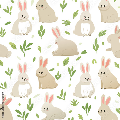 Repeating pattern of white rabbits in pastel background with leafs