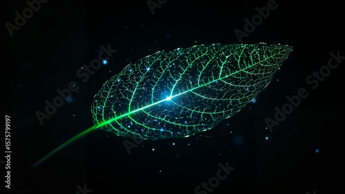 Glowing leaf with intricate veins and bright light on a dark background with bokeh effects