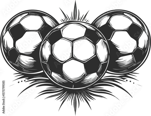 Three Soccer Balls with Engraved Style Grass Blades on White Background