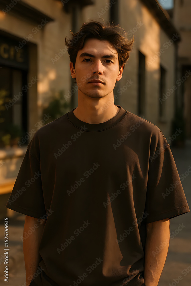 Fototapeta premium Young handsome man in brown t-shirt posing outdoors near historic building at golden hour sunset