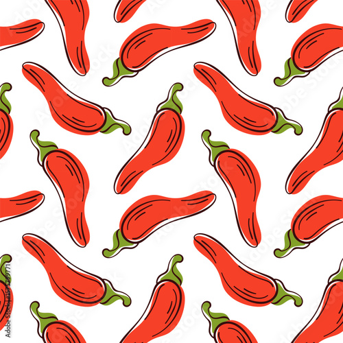 Seamless pattern of red chili pepper in flat style on white background. Ideal for culinary, herb, spice, food and organic kitchen design and decoration.