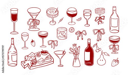 Wine, cocktails, wine glasses and bottles, cheese and fruits hand drawn artwork, vector illustration