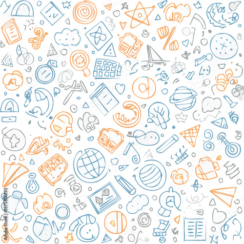 Hand-drawn scribbles and quirky abstract icons repeating 
