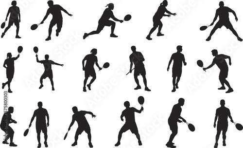 Silhouettes of tennis players in action, playing with rackets, athletic poses, dynamic motion, isolated figures on white background, competitive sports moments, fitness