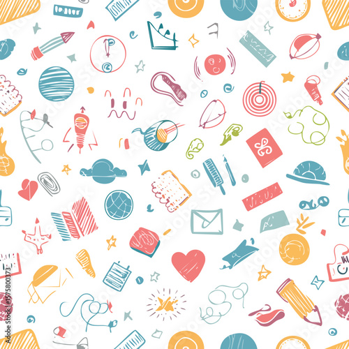 Hand-drawn scribbles and quirky abstract icons repeating 