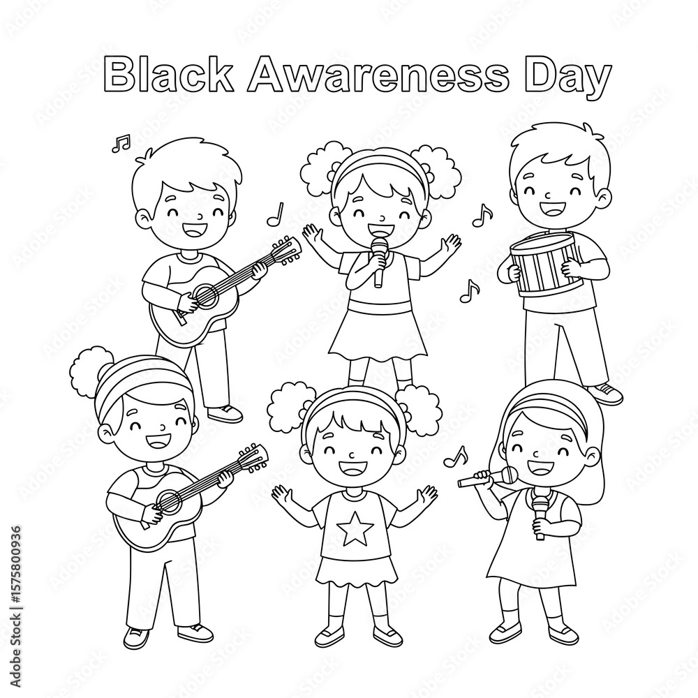 Children singing and playing musical instruments for black awareness day isolated on transparent background Children singing and playing musical instruments for black awareness day isolated on transparent background