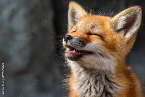 Joyful expression captured in a young animal, showcasing pure happiness with closed eyes and an adorable smile during a sunny day in a natural setting