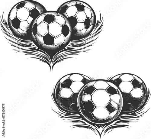 Hand Drawn Soccer Balls with Decorative Elements Vector Illustration for Design