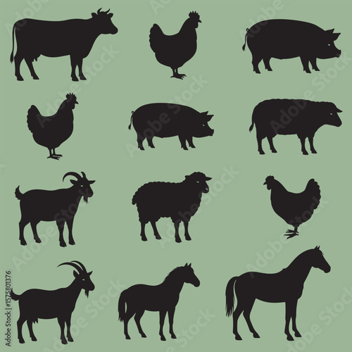 Farm animals including a horse and cow stand in a golden wheat field at sunset