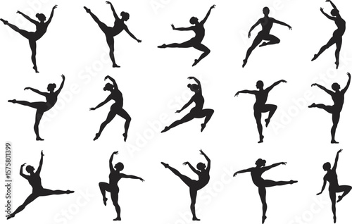 Silhouettes of ballet dancers in motion, elegant dance poses, black and white dance figures, modern performance art, vector illustration set