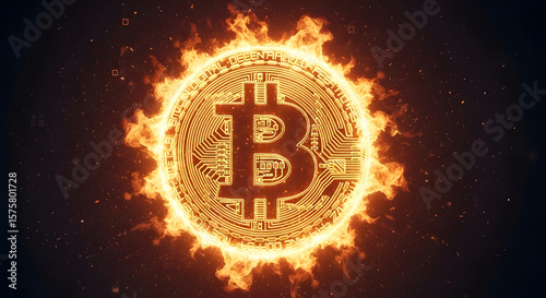 Bitcoin Cryptocurrency Symbol in Digital Flames on Dark Background