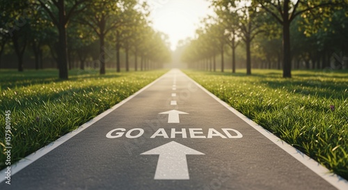Go Ahead inscription on asphalt path, encouraging direction in a serene park environment, conveying motivation and optimism.