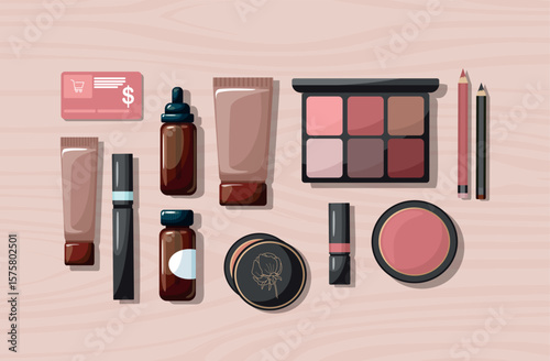 Collection of assorted makeup products arranged on table. Beauty Products cosmetics, top view.