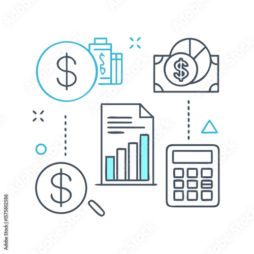 Financial illustration: A minimalist financial illustration showcases key components of finance, from currency and bar graphs to calculators.