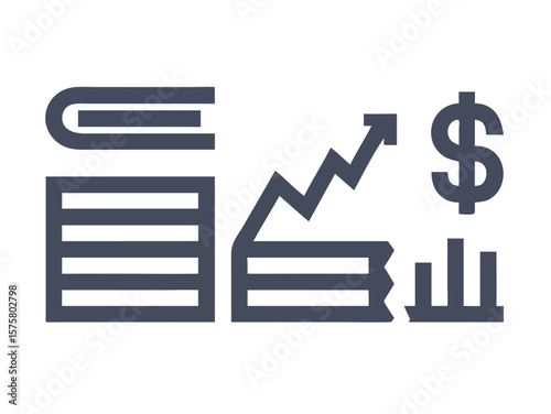 Financial Growth Icon: A simple yet powerful icon depicting financial growth, featuring stacked books, an upward trending graph, and a dollar sign, symbolizing knowledge, investment, and profit. 