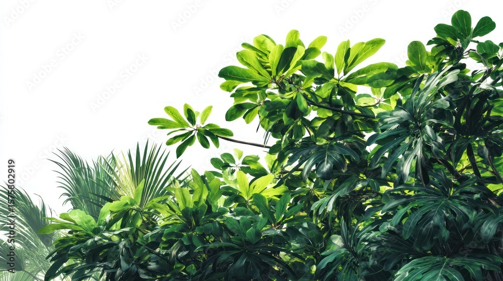 Obraz premium Dense tropical bush composition with overlapping greenery, including vibrant exotic leaves, rich shadows, clean isolation on white background for advertising backdrops