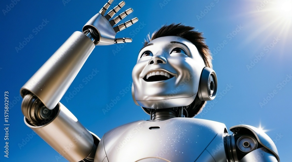 Naklejka premium gleaming metal robot gazing joyfully at bright blue sky for use in technology, robotics, or optimistic future concept visuals