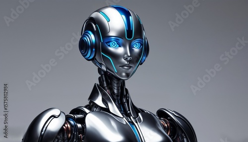 sleek metallic humanoid robot with glowing blue eyes and futuristic design for use in technology presentations, sci fi projects, or robotics interfaces