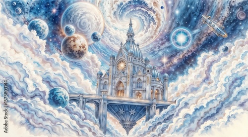 grand ornate building floating in celestial sky with swirling clouds planets and ufos for use in fantasy art cosmic themes or sci fi illustrations
