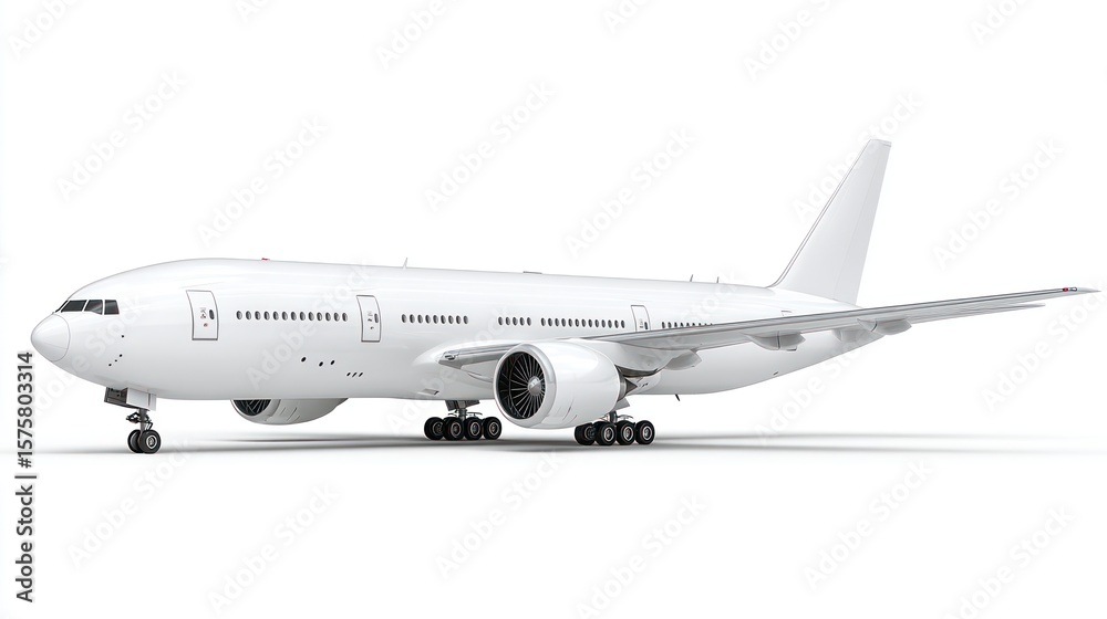 Obraz premium Modern commercial airplane with sleek fuselage and twin jet engines, side view isolated on pure white background, clean and professional aviation concept