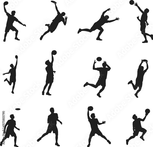 Wallpaper Mural Silhouette of male handball players in various action poses, jumping, throwing, catching, and running, isolated on white background, dynamic sports movement Torontodigital.ca