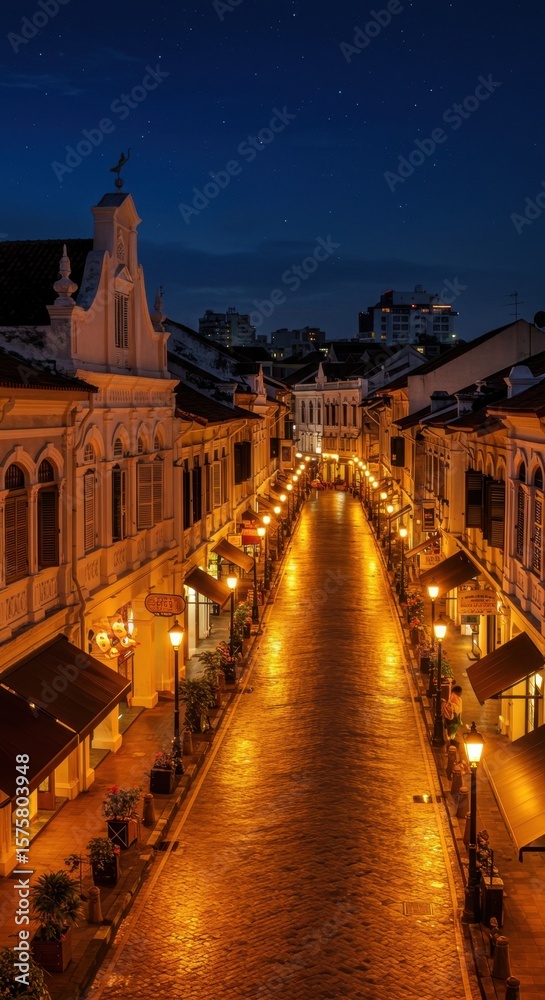 Fototapeta premium Night View of Charming Colonial Street in Melaka, Malaysia: Illuminated Cobblestone Lane with Historic Buildings and Starry Sky