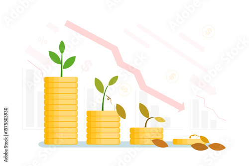 Flat style illustration of financial downturn. Stacks of coins with withering plants represent economic decline, falling profits, and poor investment growth.
